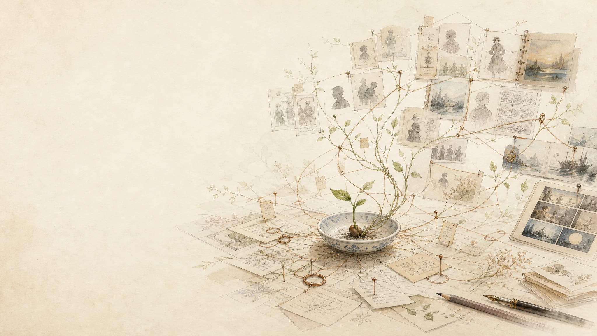 Story notes and pages arranged across a quiet workspace