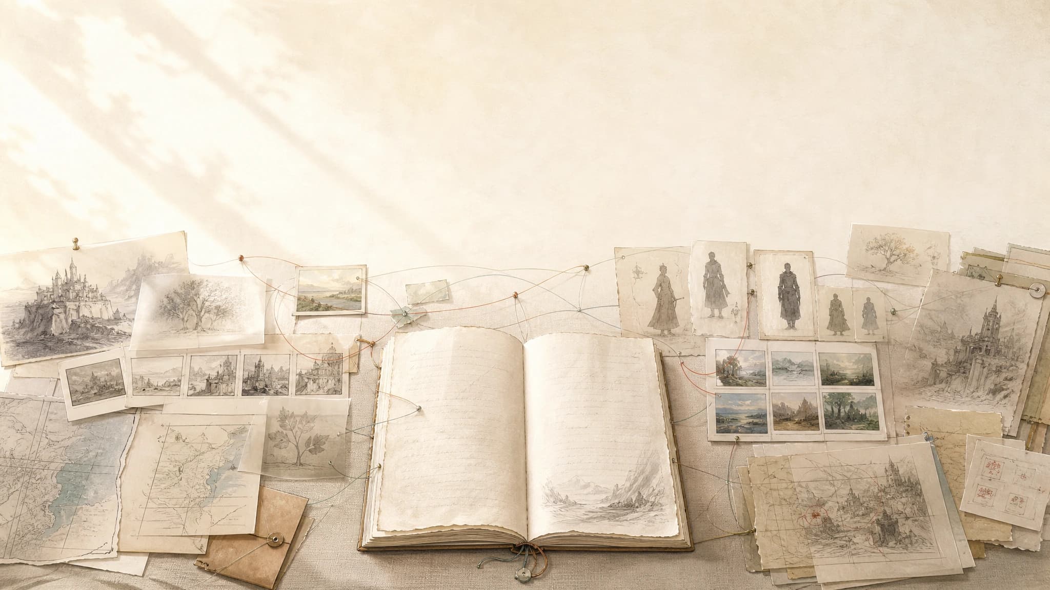 A desk covered with story pages, character studies, maps, and visual notes