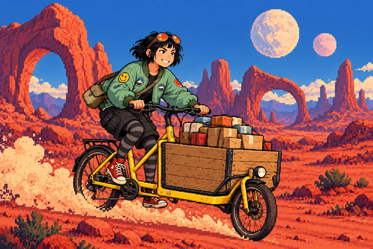 Juno riding through a pixel-art desert